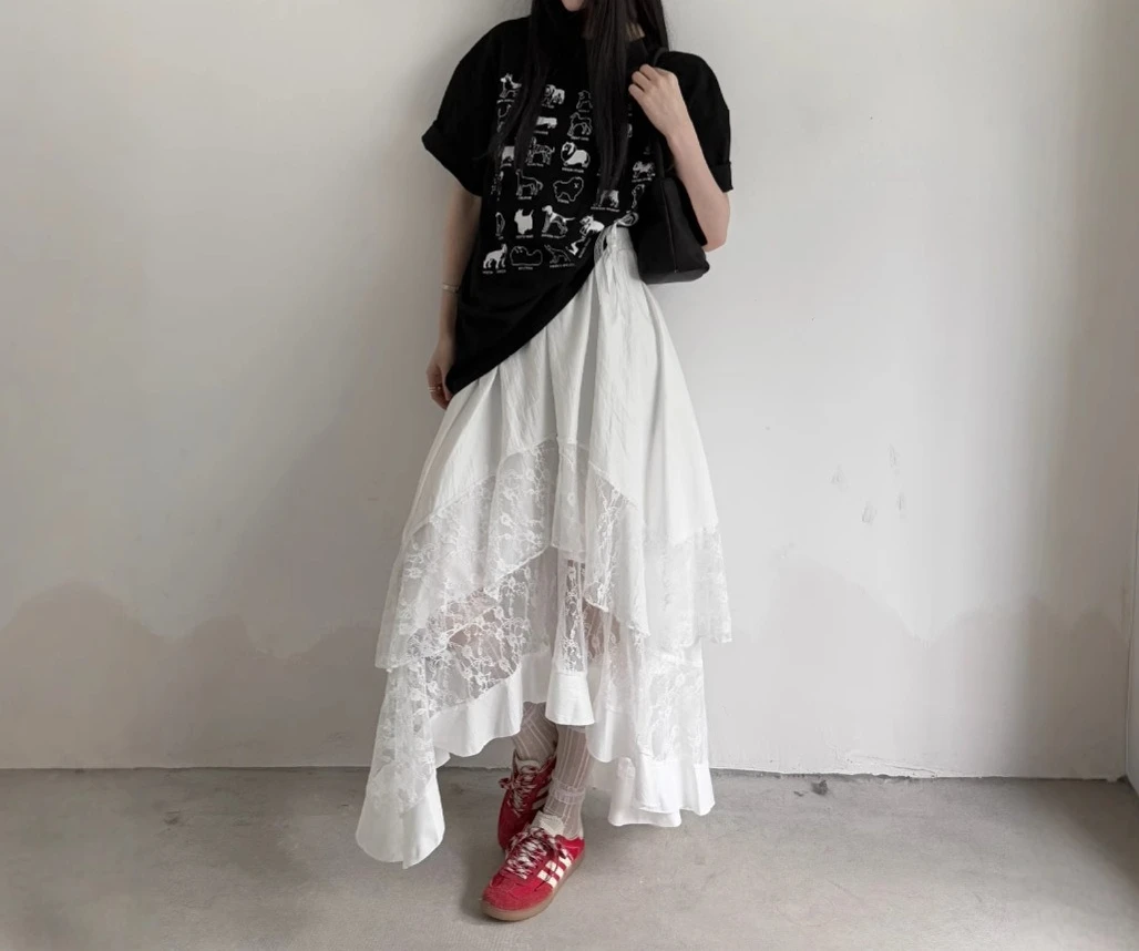 

Весенне-летняя новая корейская темпераментная универсальная однотонная юбка с высокой талией и кружевной строчкой