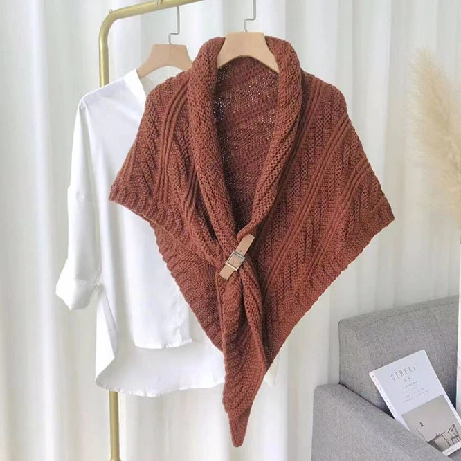 

Fashion Korean Version Spring Autumn Leather Buckle Shawl Fork Triangular Cape Women's Knitted Scarf Girl Bib Scarf Brown