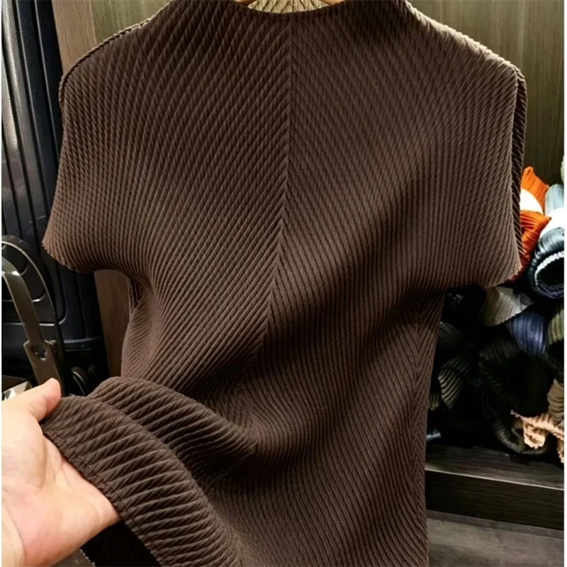 Summer Stand Up Collar Solid Color Dragon Scale Pleated Short Sleeved T-shirt Women Blouse High-end Versatile Western-style Top