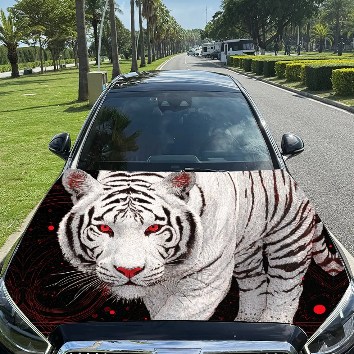 

Striking Red - Accented White Tiger Car Vinyl Wrap, PVC Material Waterproof Car Hood Sticker, Self-Adhesive Scratch-Resistant St