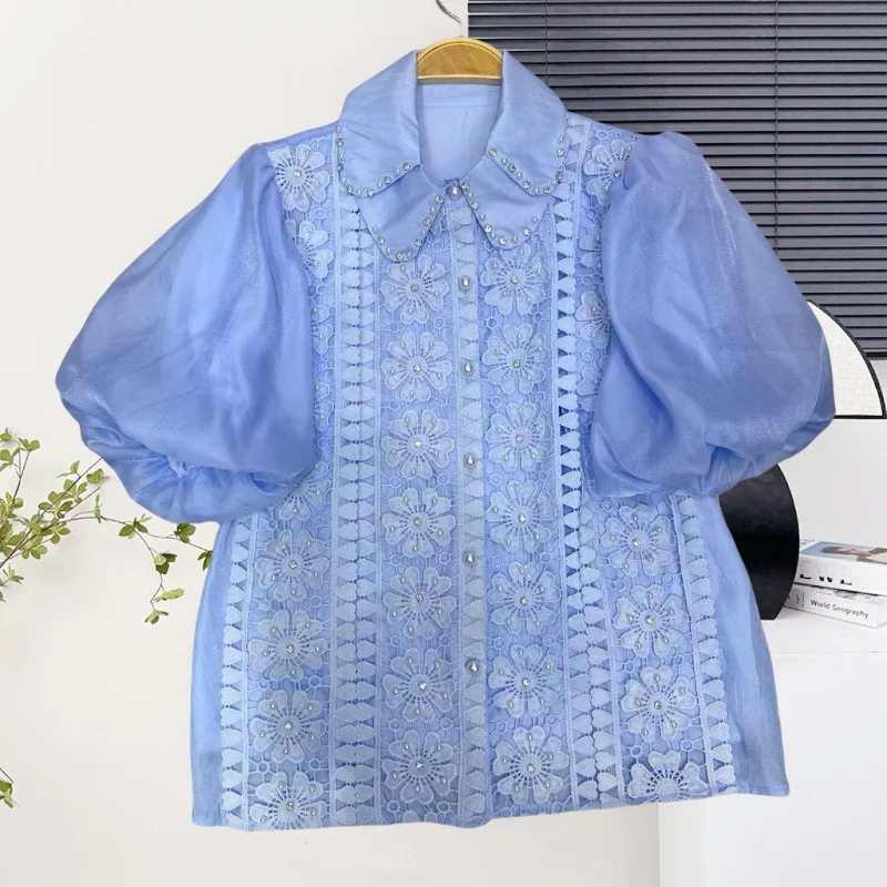 

New,European,Clothes,Loose,Blouse,Chic,Sexy,Beading,Diamonds,Patchwork,embroidery,Single-breasted,Women,Flare Sleeve,Tops,56043