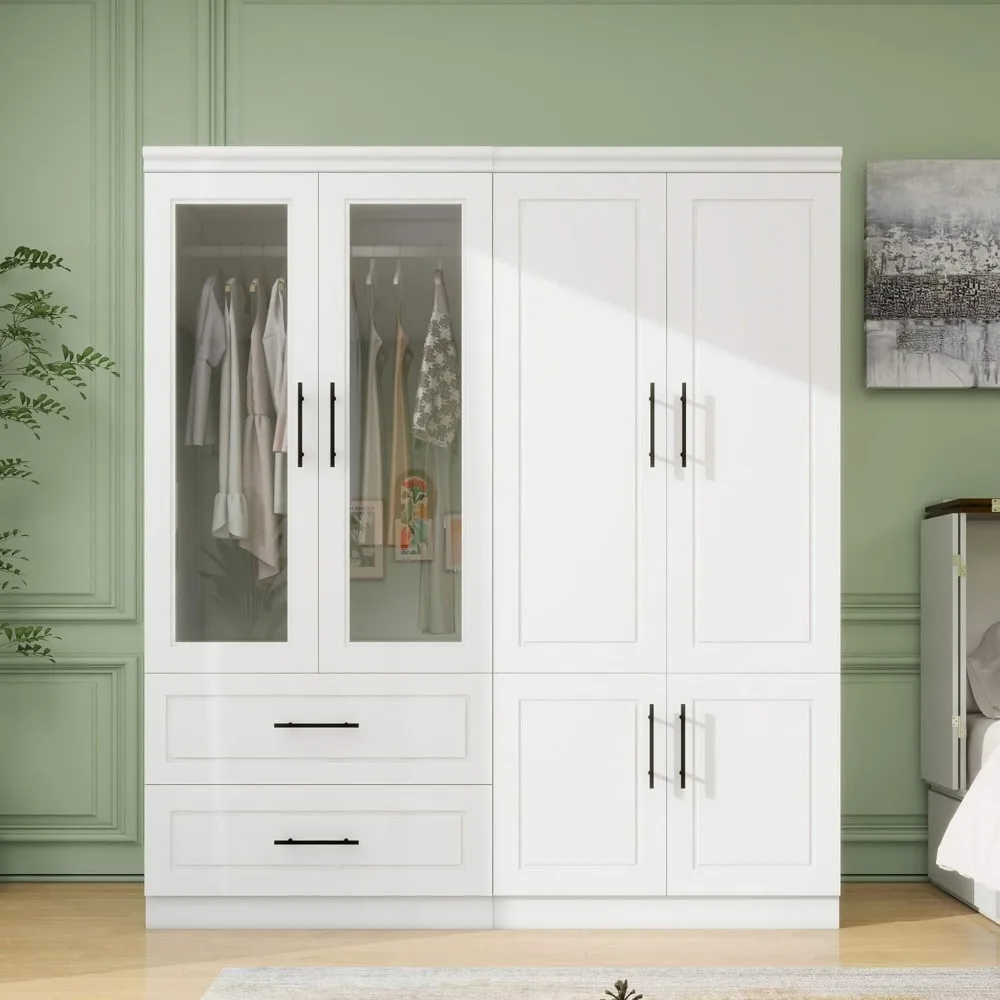 

71" High Wardrobe, Wood Closet Wardrobe with Drawers for Bedroom, Bedroom Armoire Wardrobe Closet with Hanging Rods