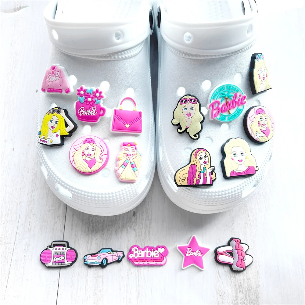 MINISO Barbie Doll Girls Shoe Charm Pink Shoes Accessory For Crocs,Wristband Slipper DIY Accessories Gifts For Holiday Party