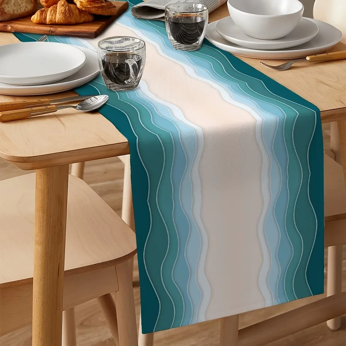 1Pc Modern Wave Pattern Table Runner Blue And Beige Striped Print Table Cover For Dining Room Kitchen Desk Decoration Tabletop D