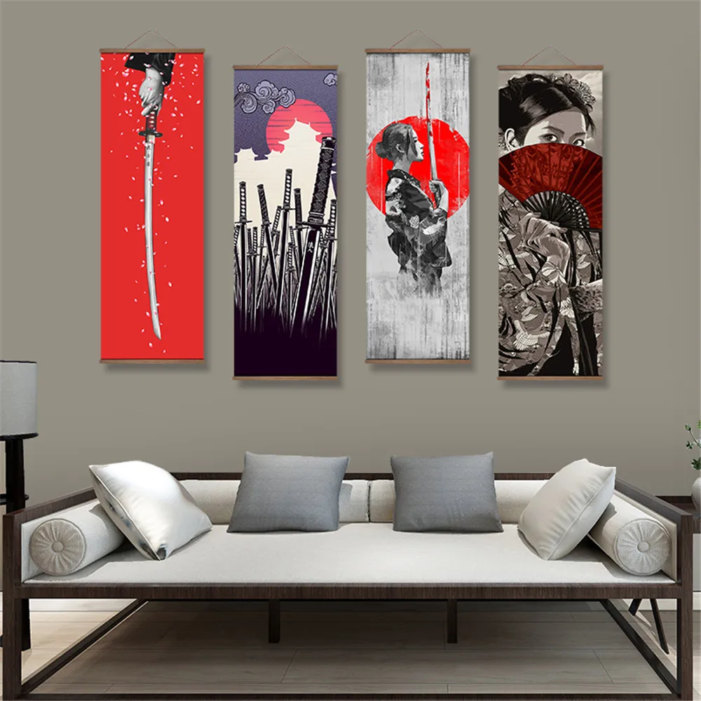 FZ Japanese Samurai Ukiyoe Scroll Canvas Poster With Wooden Hanger Wall Art Geisha Picture For Living Room Decor Scroll Painting