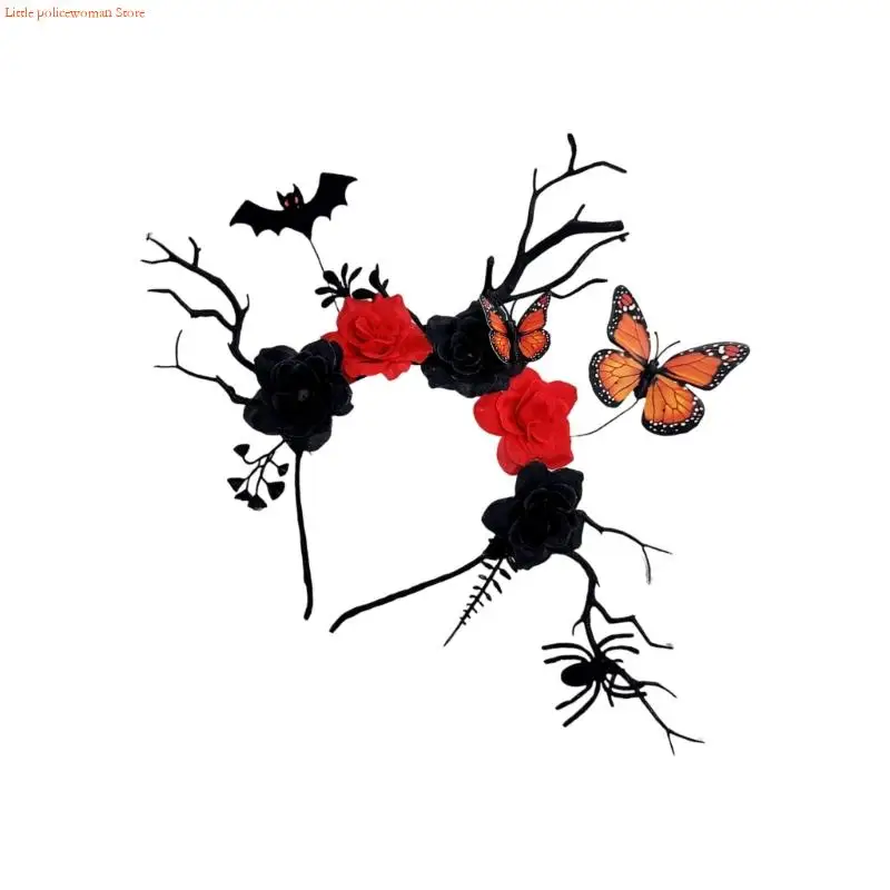F92D Halloween Deer Antlers adtlers ที่มีรายละเอียดผีเสื้อค้างคาวและเครื่องประดับผมสาขาดอกไม้สีดำสำหรับงานปาร์ตี้เครื่องแต่งกาย