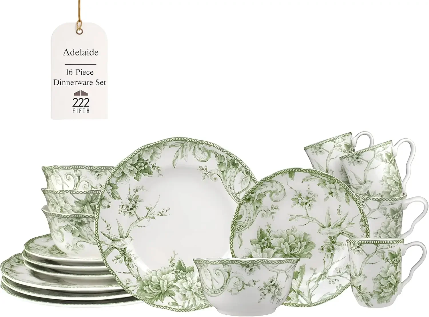 

BestsellerAdelaide Moss 16-Piece Porcelain Dinnerware Set – Service for 4, Plates, Bowls & Mugs, Hand-Applied Decal, Microwave &
