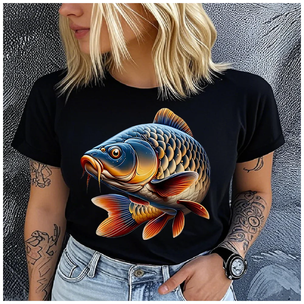 100% Cotton Women Realistic Koi Fish Print T Shirt Round Neck Short Sleeve Casual Animal Graphic Ladies Summer Fashion Tees