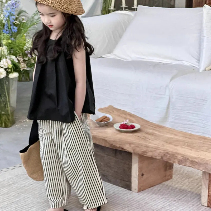 Summer Baby and Girls Cotton Plain Black t-Shirt Tops+Striped Shorts Pant Sets School Kids 2PCS Tracksuit Children Outfit