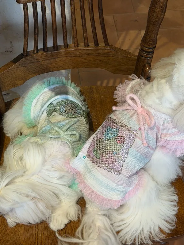 Cute Sweet Candy Graphic Pet Sundress Striped Texture Lace Frill Sleeve Bow Decor Breathable Puppy Summer Outfit Pet Clothes