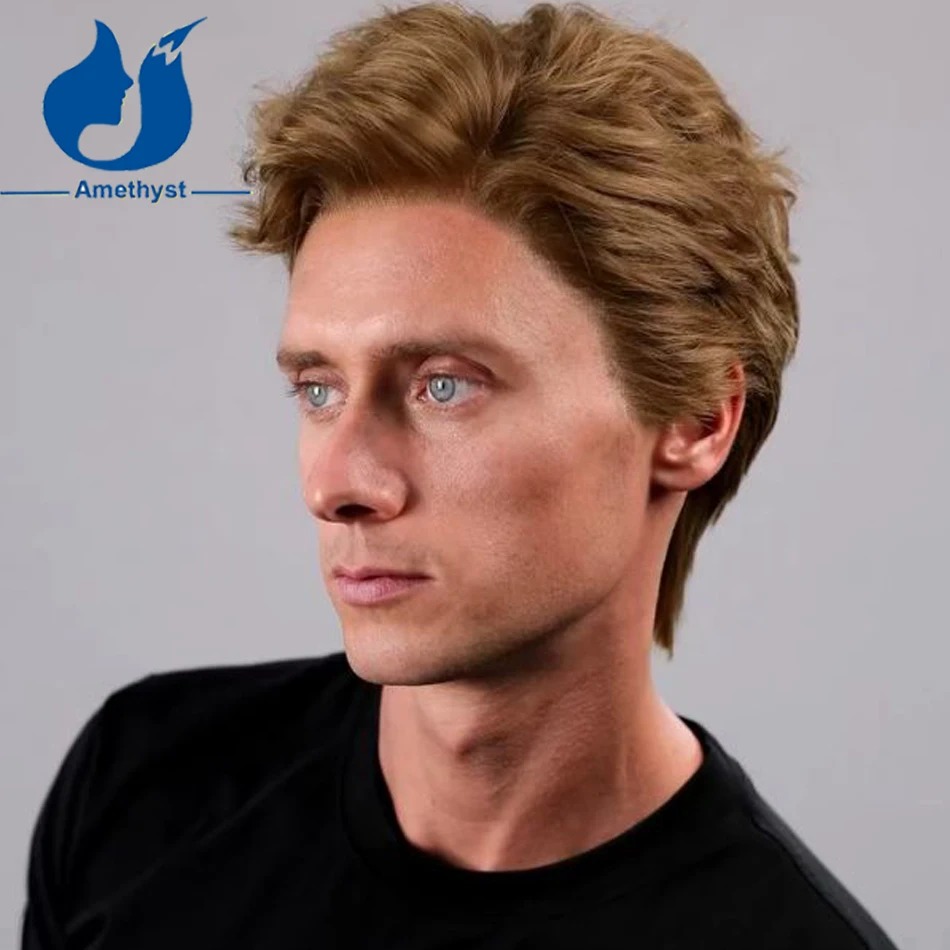 Amethyst Brown Wavy 13x6 Lace Front Wig for Men Pre Plucked Short Pixie Cut Brazilian Remy Human Hair Pre Styled for Daily Use