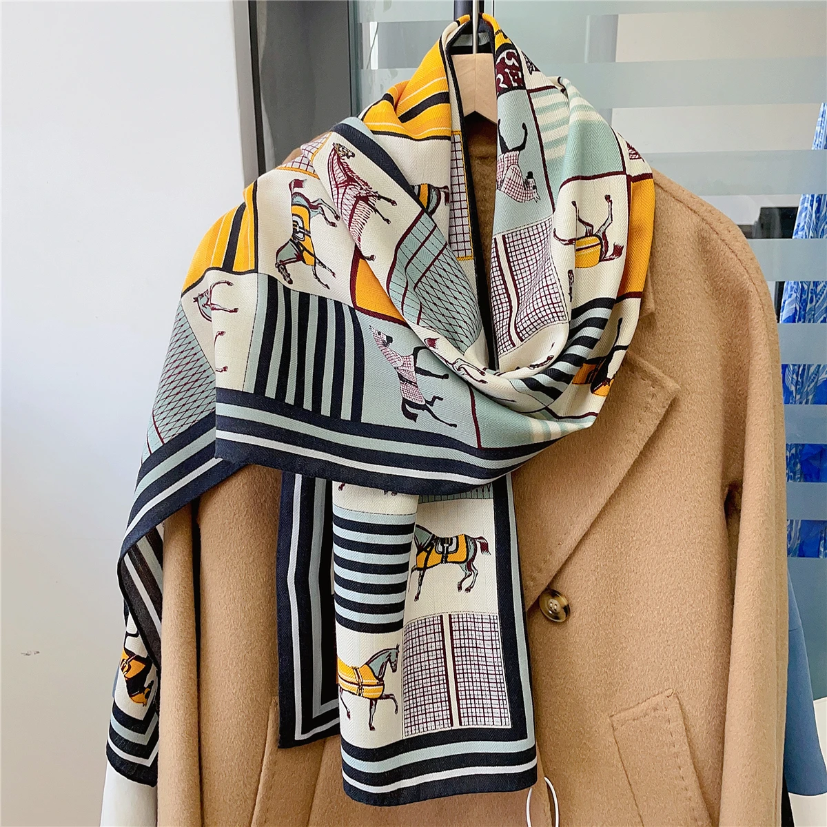 160x33CM Luxury Winter Silk Cashmere Scarf Women Plaid Horses Manual Hand Rolled Shawls Warm Long Scarves Wraps Pashmina Bandana