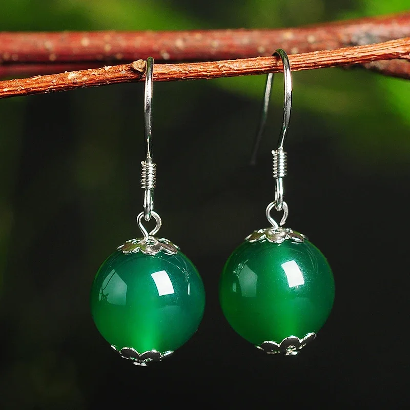 925 silver inlaid natural Agate beads Earrings Original Simple green jade pulp bead  Gift Women Fine Jade Stone Jewelry