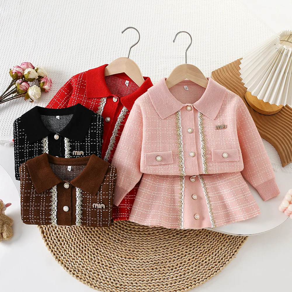 

Girls Dress Clothes Sets Spring Autumn Children Woolen Jersey Sweaters Coats Skirts Kids Princess Suit For Baby Outfits Kids 6Y