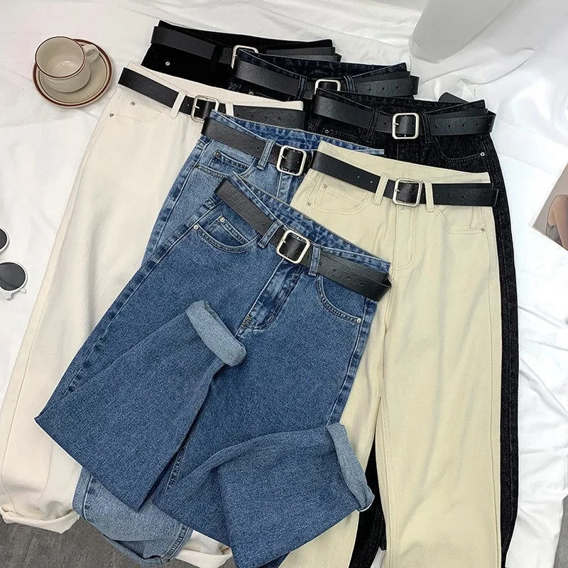 

Women Multi Style Pants Stylish High Waisted Denim Straight Leg Jeans Female Trousers Pockets Roll Up Cuffs Casual Trendy Look