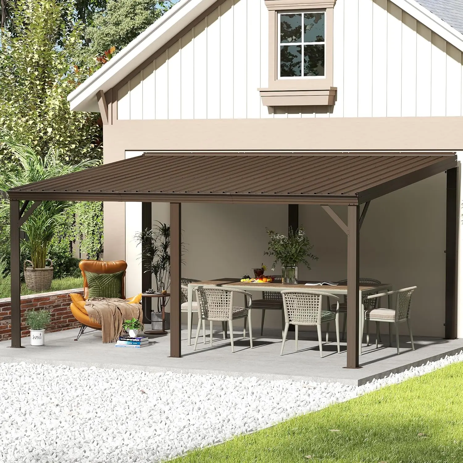 

10x16 Wall Mounted Lean to Gazebo Pergola Galvanized Steel Roof Built in Drainage Patio Deck Shelter, Customized