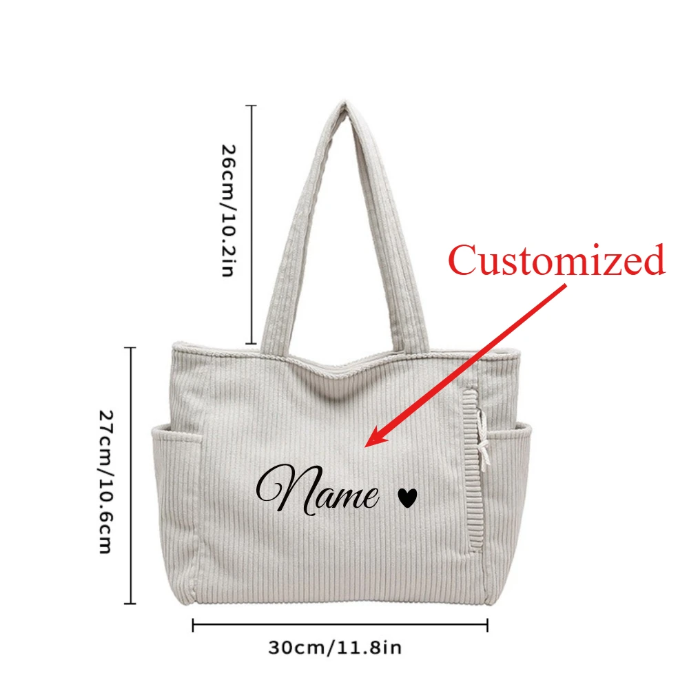 Custom Name Casual Corduroy Handbag with Zipper Closure, Large Capacity Daily Commuter Handbag, Shopping Bag, tote bag view 3