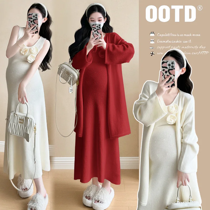 マタニティセット 秋 プレミアム ニット カーディガン 花柄 サスペンダー ドレス スリム フィット ツーピース 衣装 ファッショナブルな妊婦用