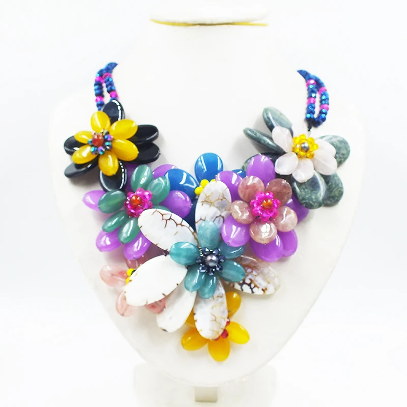 Brazilian natural stone/crystal. Hand woven flower necklace. Charming Women's Birthday Jewelry  20”