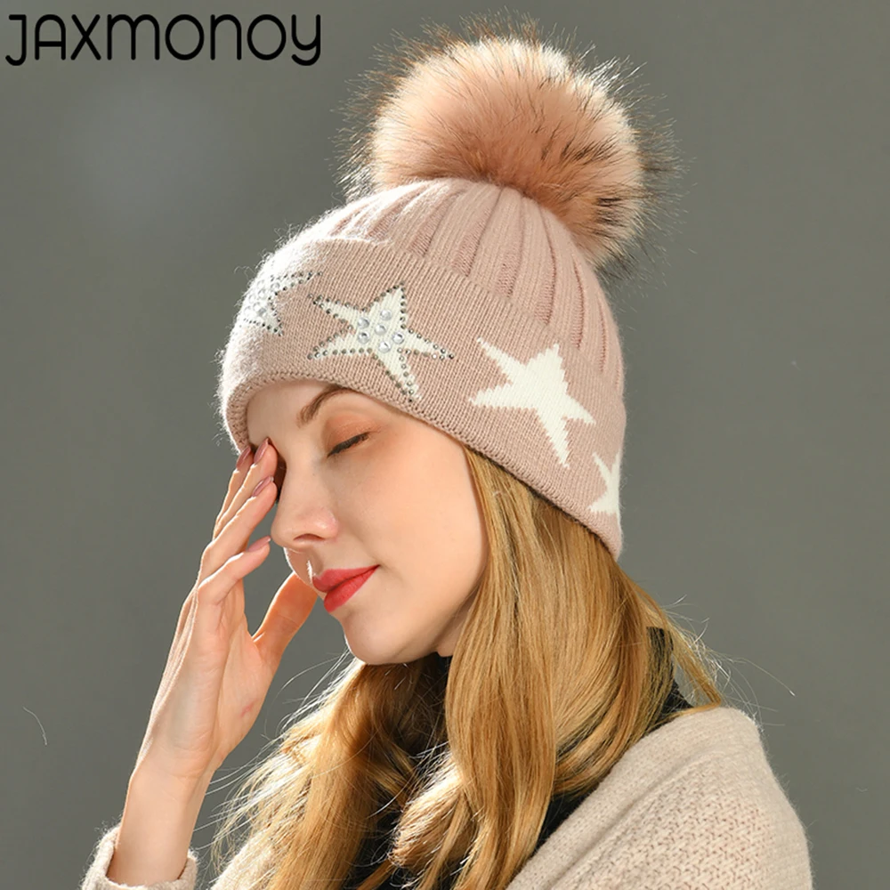 Jaxmonoy Cashmere Knitted Beanie Hat Women Autumn Winter Warm Cap Ladies Rhinestones Star Skullies Bonnet With Real Raccoon Pom