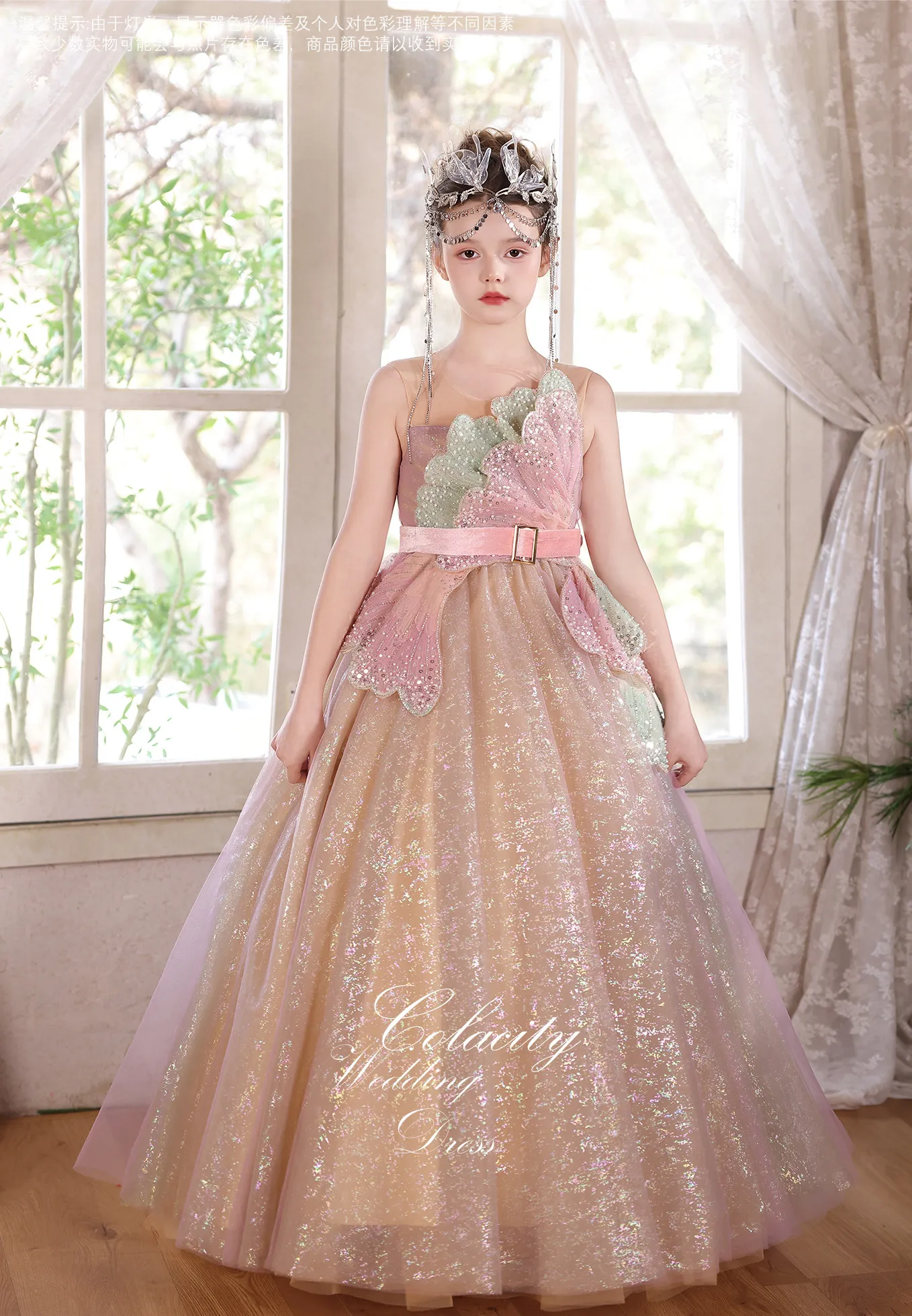 Vestido de Niña para Fiesta de Bodas, Cumpleaños o Eventos Formales, Modelo J005 de Jill Wish, con Lentejuelas Rosas y Flores, Estilo Princesa