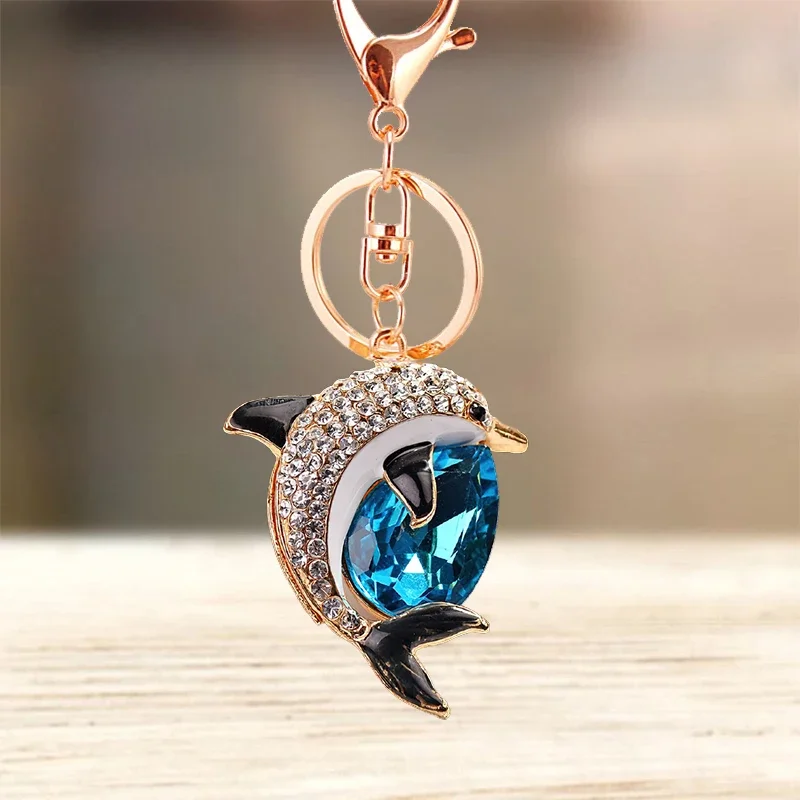 Cute Rhinestone Crystal Blue Water Drop Dolphin Keychain Marine Animal Key Chain Key Ring Holder Pendant Keyring