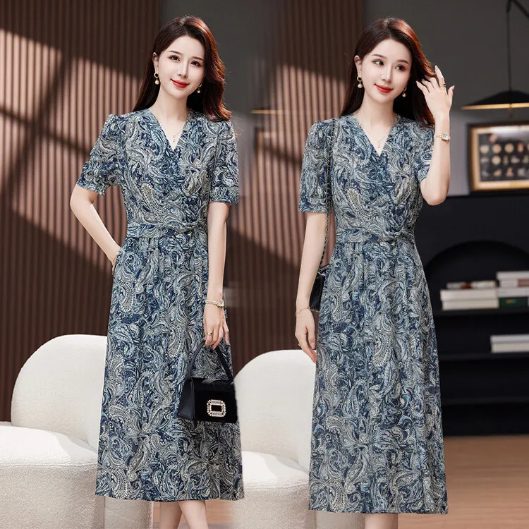 

Retro Floral Print Slimming Waist Short Sleeve Midi Dress Chinese Style Elegant Vintage Women's Dress V Neck Single Piece