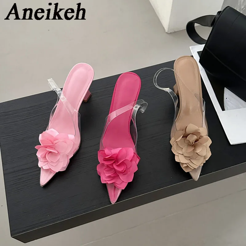 Aneikeh 2024 Sexy Transparent PVC Pointed Slingbacks Single ShoesWomen's Silk Flower Decorative High Heels Party Wedding Zapatos