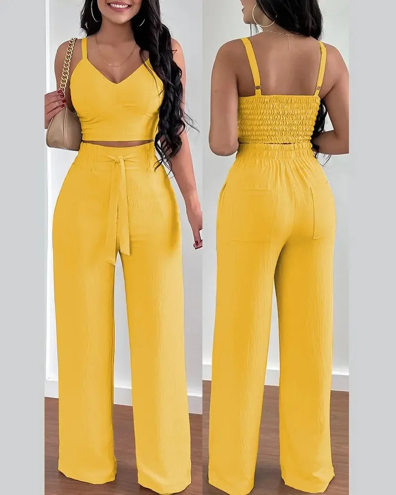 Sexy Spaghetti Crop Tops Pant New In Matching Sets Women Hight Waist Pants 2 Piece Sets Women Outfit Summer Backless Print Suit