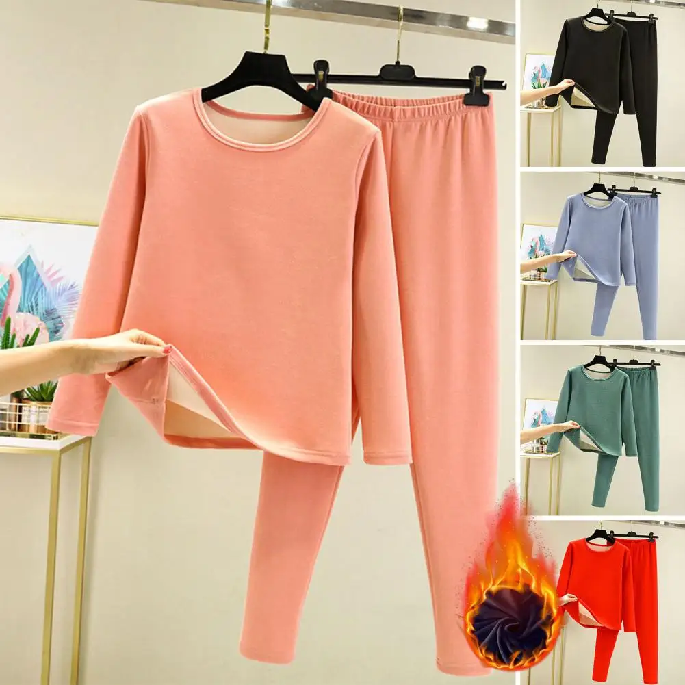 2Pcs Warm Winter Top Pants Set Thick Plush Round Neck Thermal Underwear Set Elastic Waist Soft Cold-proof Homewear Pajamas Set