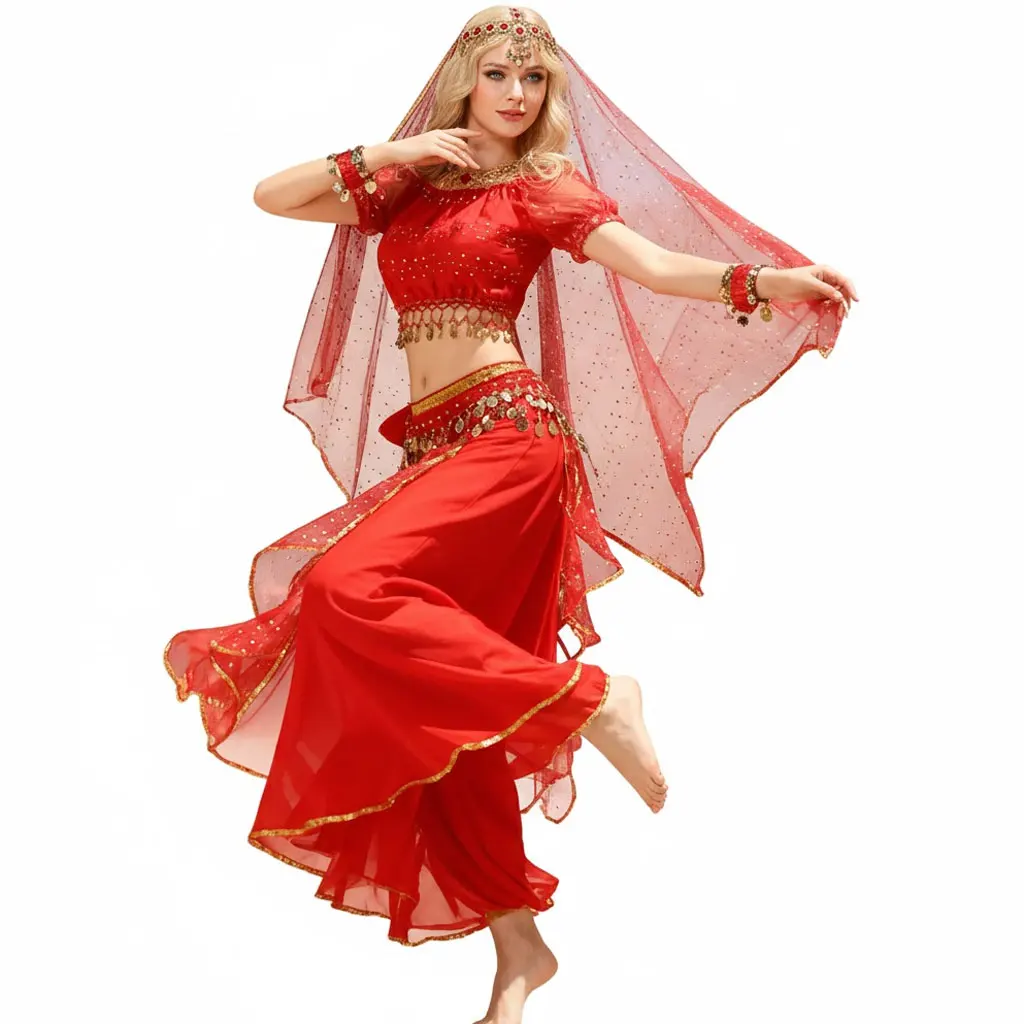 

Блестящий 2/3/4 шт., индийский костюм для танца живота в Болливуде, комплект для женщин, блестящий топ и юбка, наряд для выступления на сцене