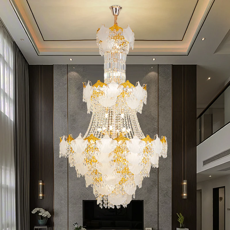Luxury Villa With Empty Crystal Chandelier Duplex Building High-end Light Luxury High-end Feeling Spiral Staircase LOFT Lighting