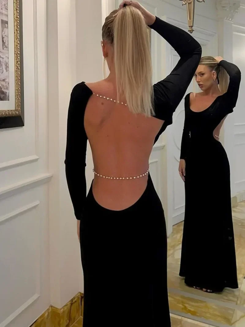 Kobieta Ubrania Frezowanie Backless Bodycon Długa Sukienka 2024 Jesień Elegancka Kobieca Sukienka z Pełnym Rękawem Wycięcie Slim Fit Czarne Suknie Wieczorowe