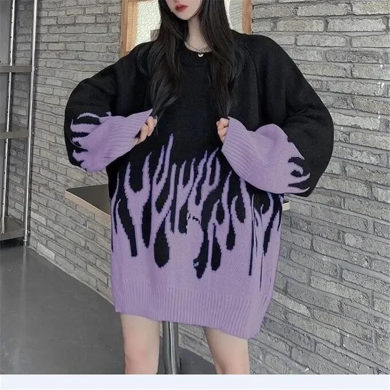 New Winter Autumn Sweater Women Men Casual Long Sleeve Blue Flame Oversized Pullover Sweater Loose Boyfriend Pullovers