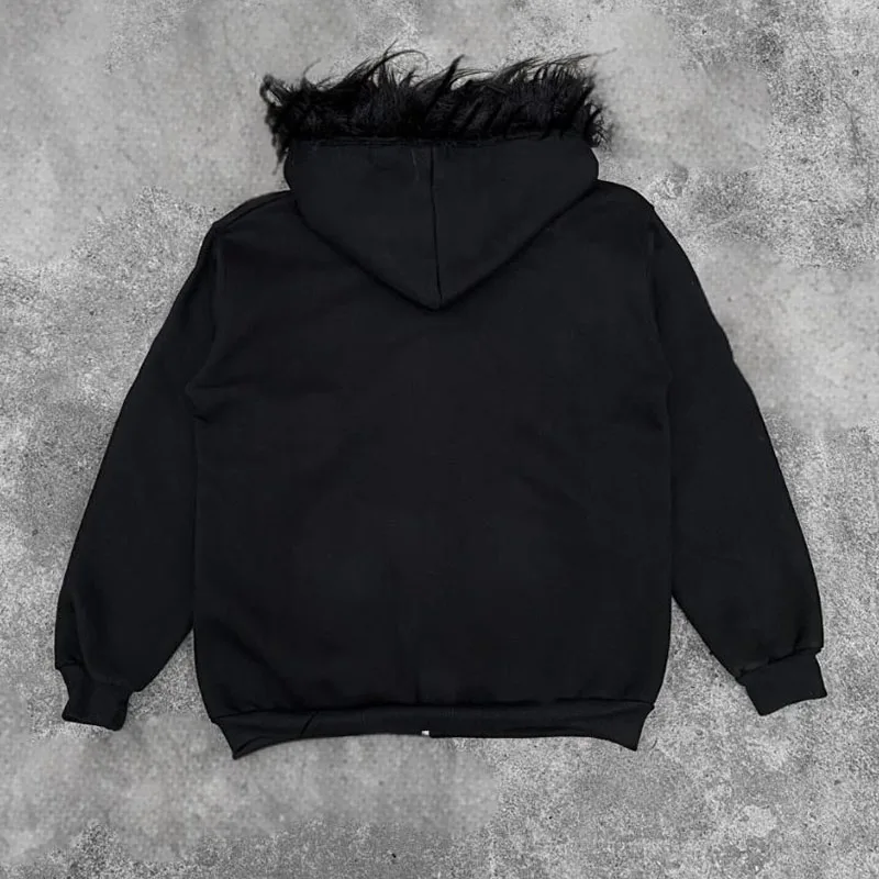 تيك توك الساخن الأمريكية عيد الفصح نمط الرجال شتاء جديد هوديي مطبوعة الفراء الرقبة الديكور الشرير القوطية Harajuku شارع العليا الظلام Y2K #3