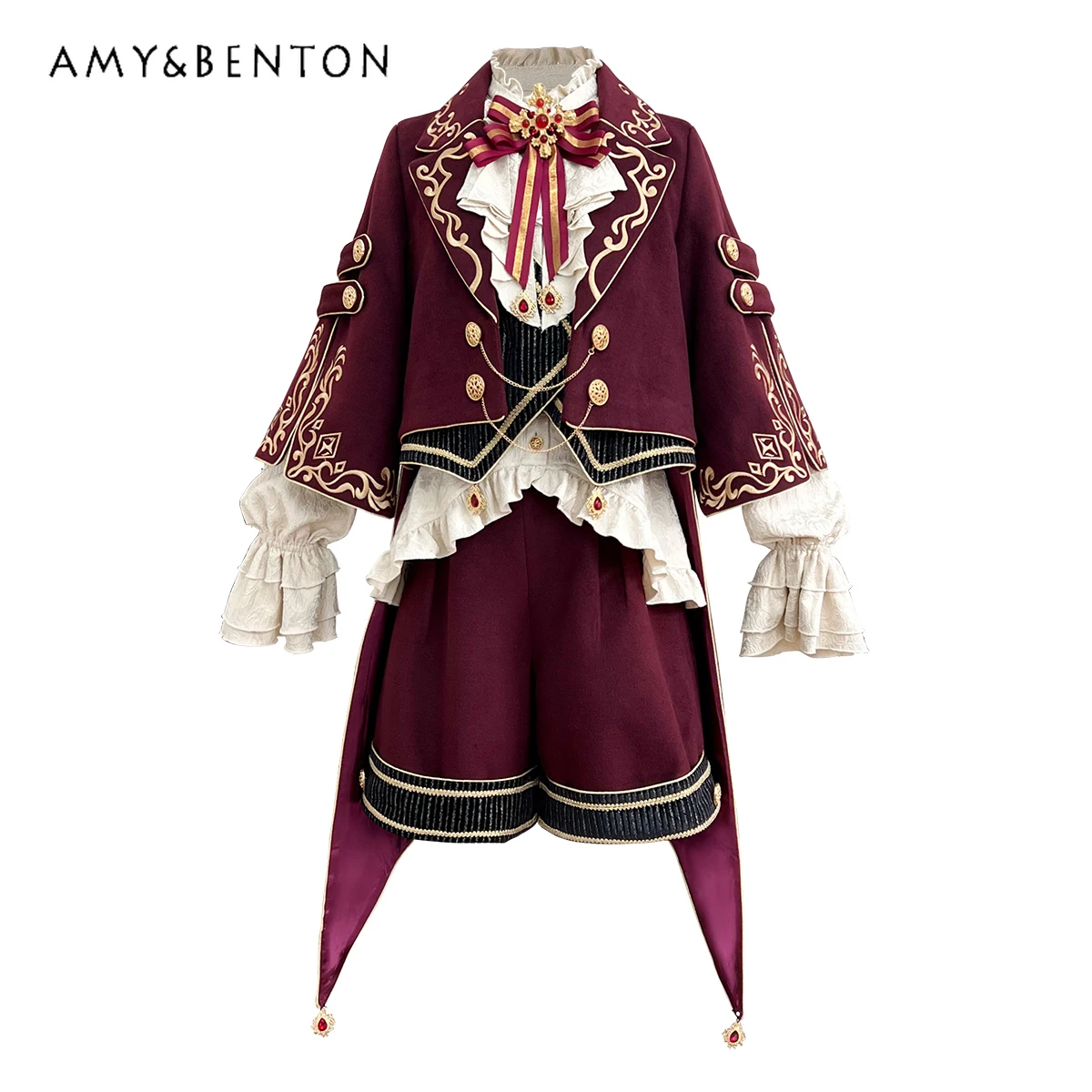 Setelan Tiga Potong Lolita Cape Heavy Industry, Jaket Bordir Lengan Panjang, Kemeja, Celana Pendek, Gaya Istana Inggris, Setelan Pangeran Elegan