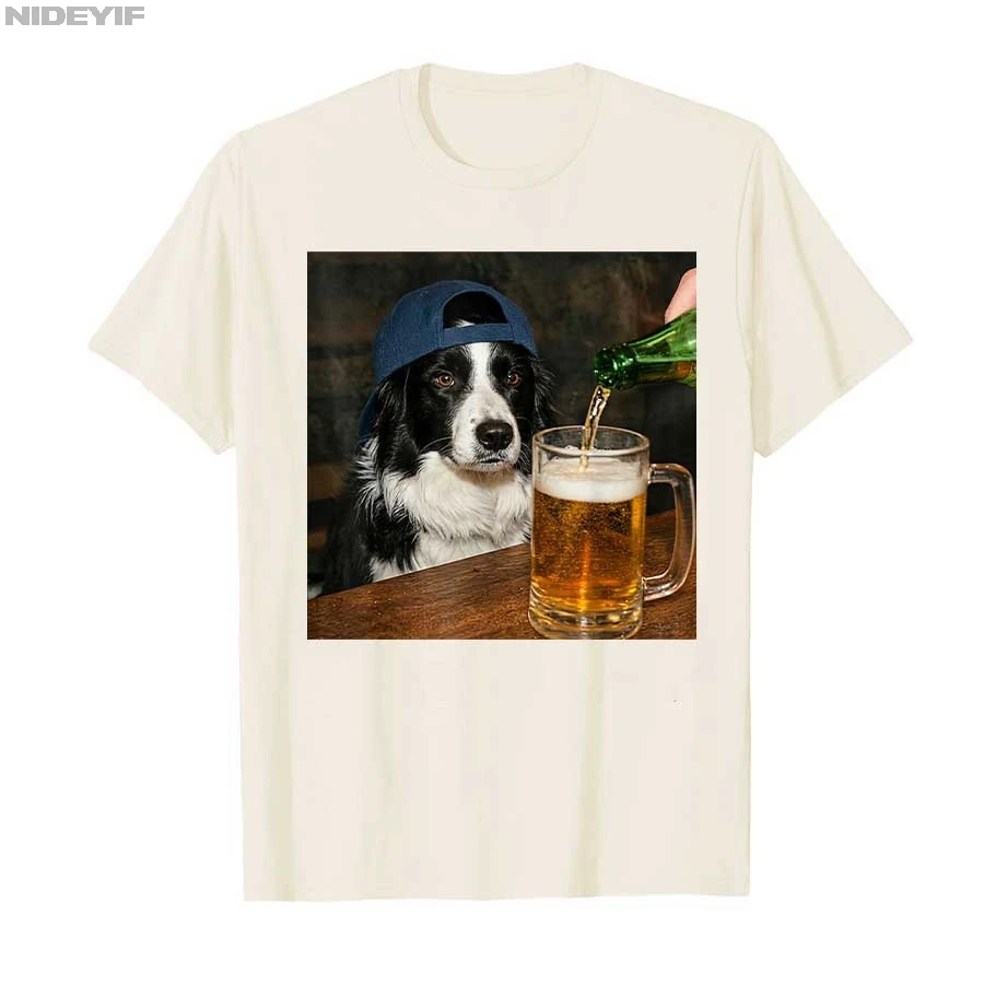 Border Collie Drinking Beer Funny Dog Meme T-shirt for Men Women 100% Cotton T Shirts Short Sleeve Tops P943