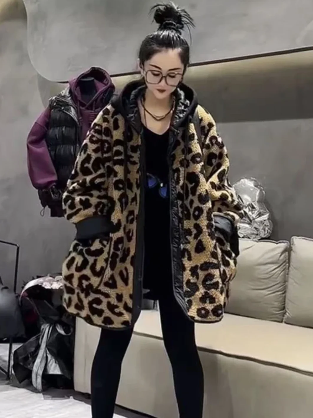 Thickened Lamb Fur Jacket Women's Autumn Winter Warm Long Sleeve Loose Mid-Length Cotton Coat Commute Style Non-removable Hood
