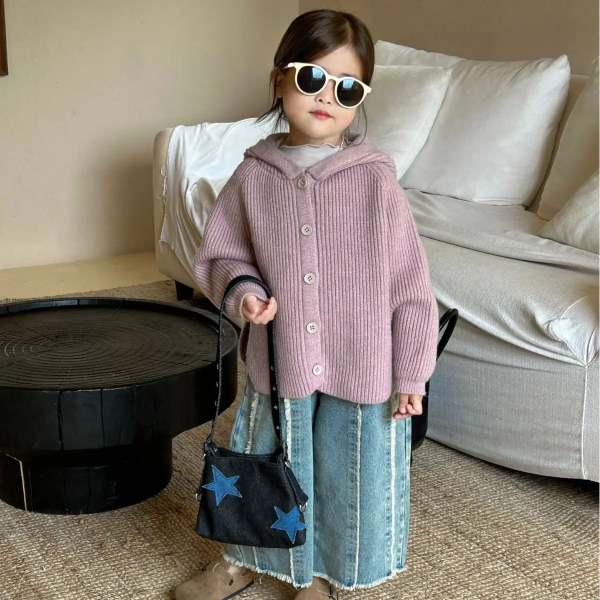 2024 Autumn Set New Childrens Clothing Korean Solid Color Hooded Purple Sweater Blue Loose Jeans Fashion Two-piece Set