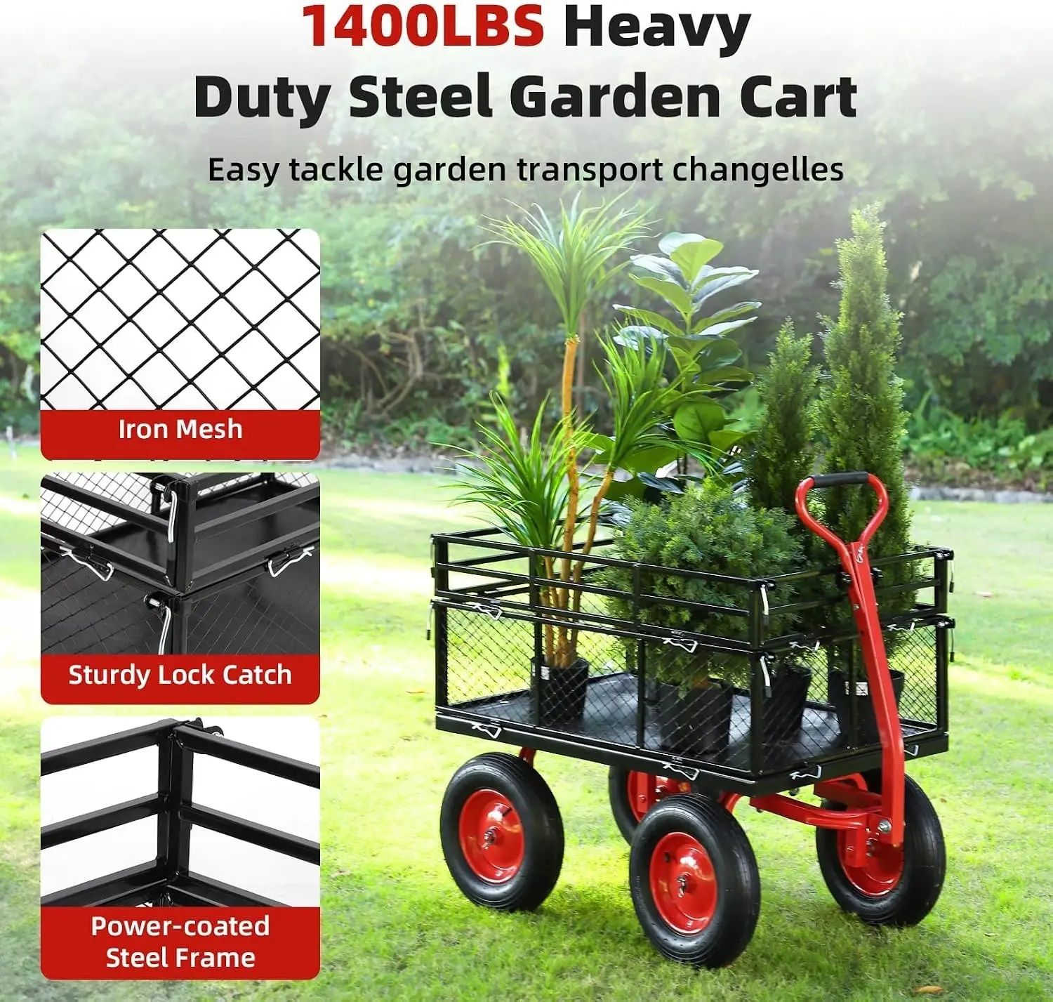 Tacleekii Heavy-Duty Steel Garden Cart Wagon 1400 lbs Capacity 3-in-1 Dump Cart Converts to Flatbed, Removable Mesh Sides, 2-in-1 Rotating Pull Handle, 16 in All-Terrain Wheels