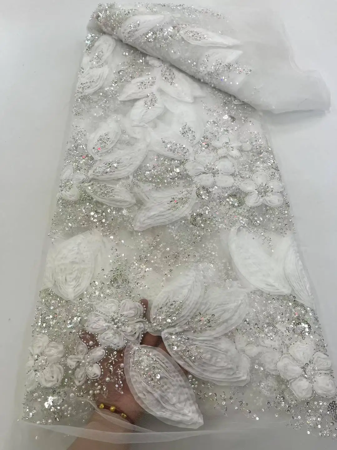 African 2025 High Quality Nigerian Beads Organzn Lace French Tulle Sequins Lace Fabric For Party Dress Sewing -XC