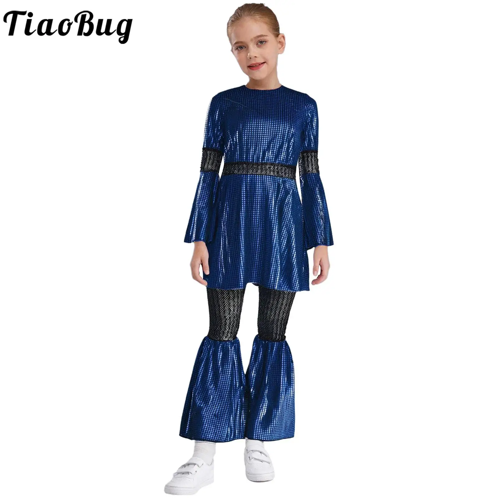 

Детский блестящий металлический диско-костюм для девочек, клетчатое платье с расклешенными рукавами и брюками-клеш для рейв-вечеринки, джазового танца