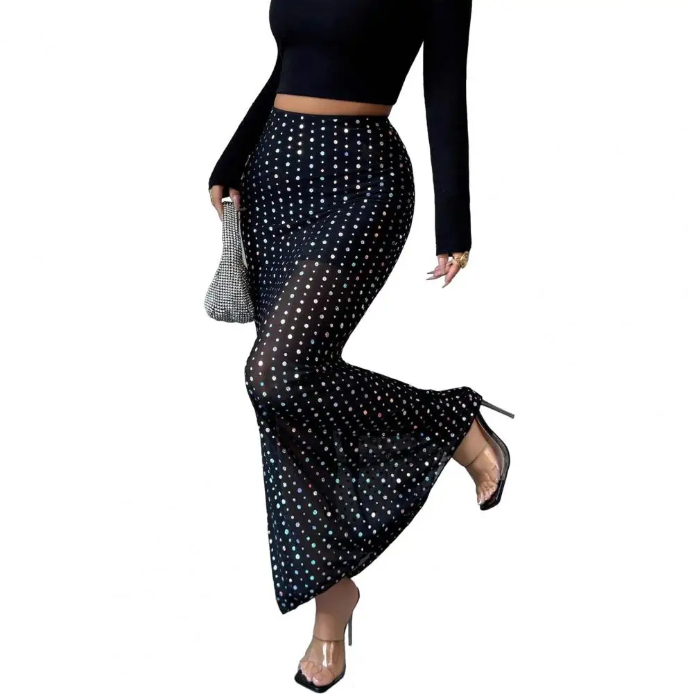 Women Sequin Skirt High Waist Midi Skirt with Sequin Decoration Double Layer Mesh Yarn Skirt Solid Color Clubwear Leg Shaping