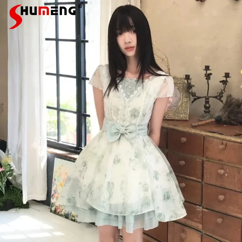 

Fresh Green Floral Pattern Dress Textured Jacquard Removable Bowknot Waist Belt Princess Mesh Dresses Ladies Stylish Clothing