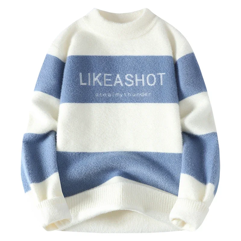 New Men's Crystal Mink Knitwear Fashion Vertical Stripe Letter Print Jumper Comfortable Line