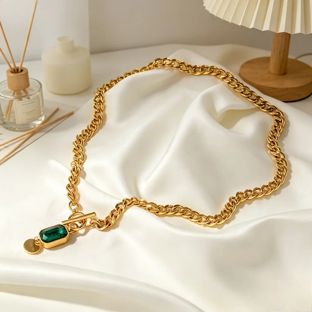 Hypoallergenic 18K Gold-Plated Stainless Steel Necklace with Green Synthetic Zircon Cuban Chain, Color-Fast Jewelry for Women