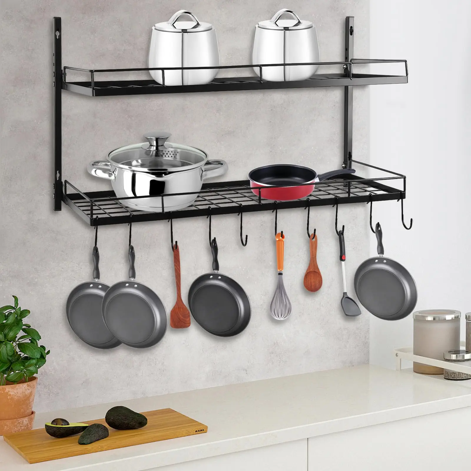 حامل وعاء معلق من طبقتين من TFCFL مثبت على الحائط، رف معلق بمقاس 26.7 بوصة مع 10 خطافات، وعاء ومقلاة قابلة للتعديل شديدة التحمل