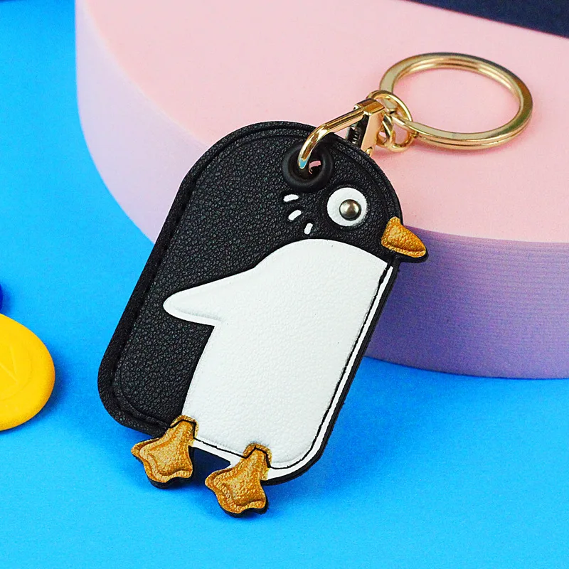 Cute Penguin Keychain Girl Boy Kawaii Access Card Leather Case Key Ring Holder Pendant Airtag Anti-lost Case Creative Best Gift