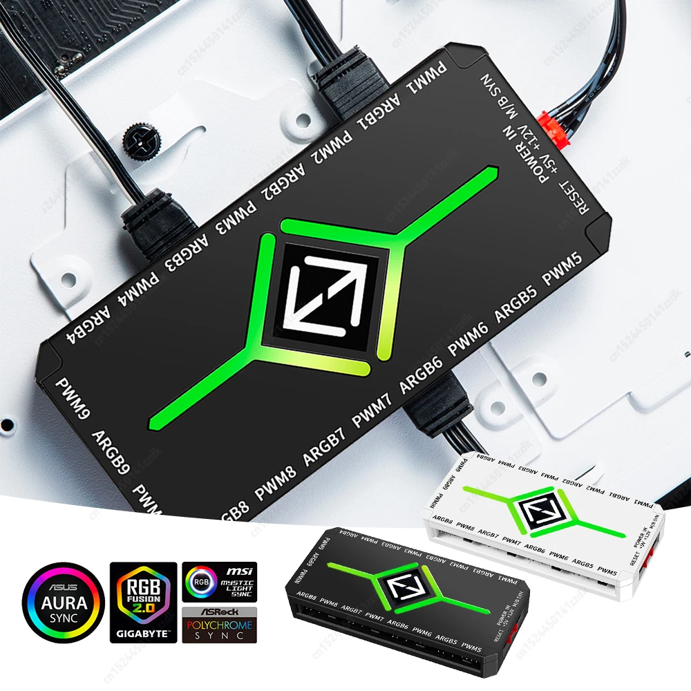 1 To 9 3 in 1 5V 3 Pin ARGB Controller Cooling Fan Hub SATA Power Supply 4 Pin PWM Magnetic Suction Hub for Computer PC Case Fan