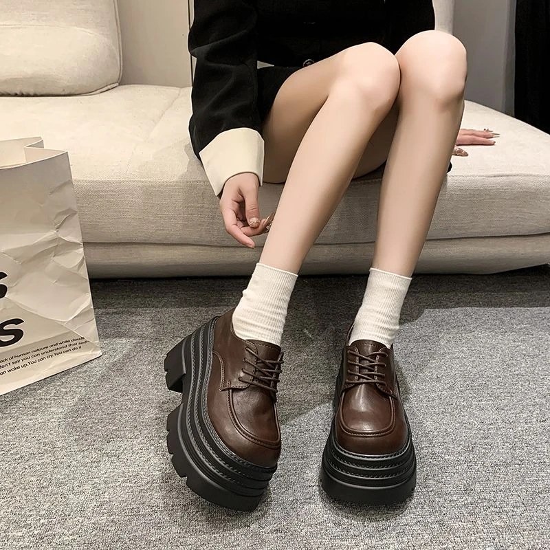 

Autumn Winter Women's Small Leather Shoes Chunky Heel Thick Sole Add 10cm Height Petite Sweet British Style 2025 Fashion Ultra